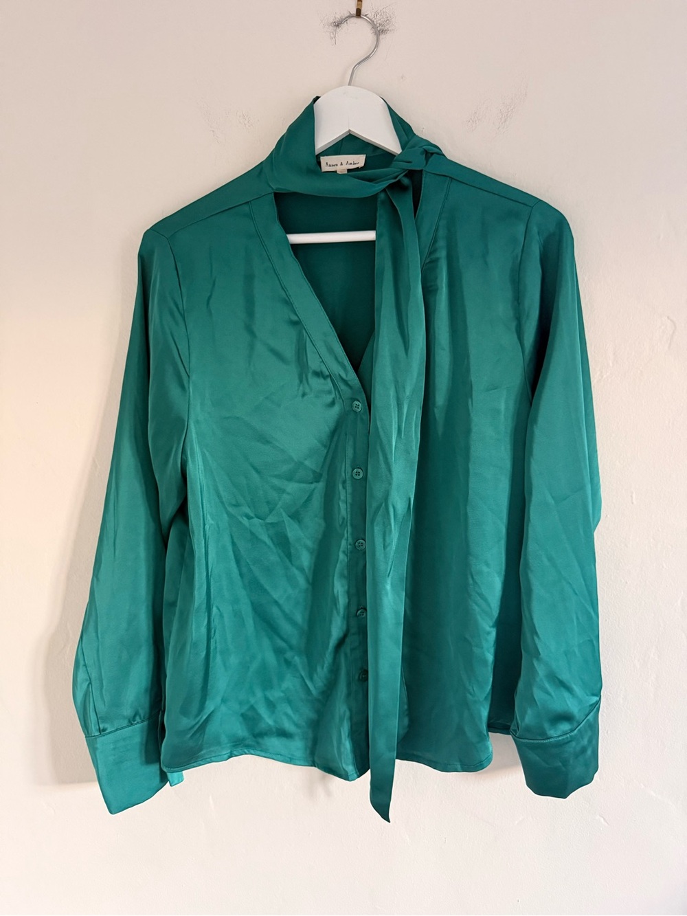 Tie-Neck Satin Blouse in Teal